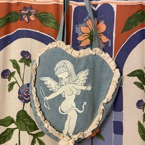 Valfre Heart-Shaped Denim Tote with Devil/Angel Graphic